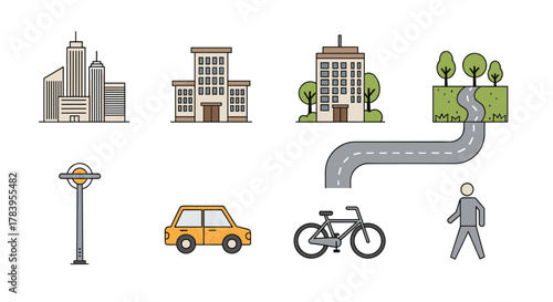 Urban elements set featuring city buildings, vehicles, and streets in flat design