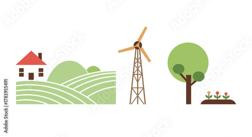 Minimalist rural landscape with windmill and tree