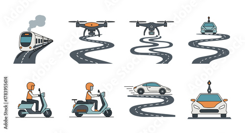 Futuristic transportation icons featuring trains, drones, cars, and scooters in modern style