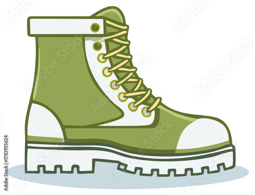 Green laced work boot featuring ankle support and a thick treaded sole for construction, hiking, or outdoor activities.