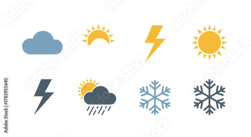 Flat weather icons set: sun, cloud, lightning, snowflake symbols for forecast design