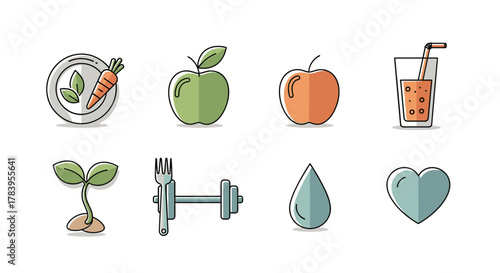 Healthy lifestyle icons: minimalist design of nutrition and fitness essentials