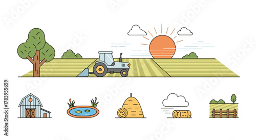 Farming landscape at sunrise with tractor and barn in flat minimalist design