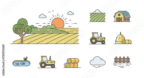 Outline farm landscape with tractor, barn, and sunrise scene for agricultural design