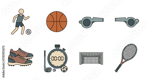 Sports equipment icons collection featuring basketball, soccer, tennis, and more in modern outline style