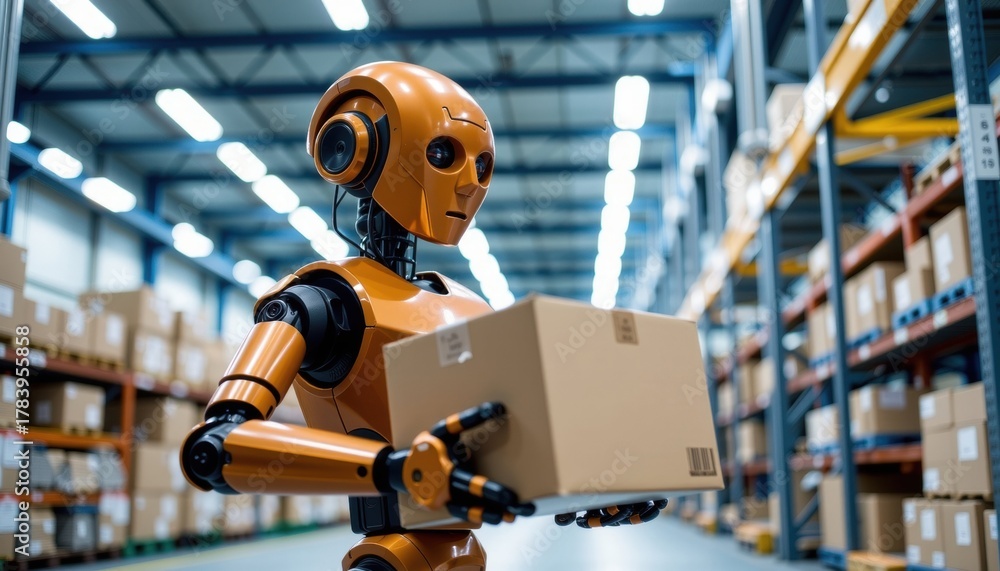Fototapeta premium Robotic Automation in Action Warehouse Robotics Handling Packages with Precision and Efficiency