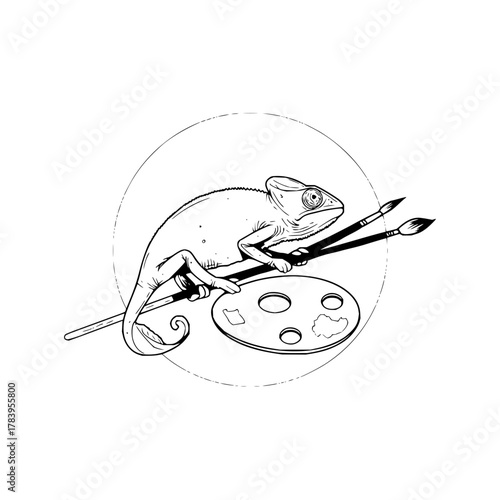 A detailed line drawing of a chameleon perched on paintbrushes with a palette against a circle shape