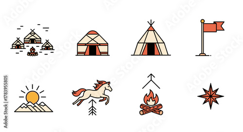 Minimalist camping icons set: tents, campfire, horse, mountains, and more