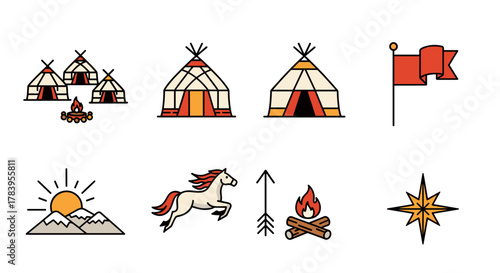 Colorful tribal icons: teepees, campfires, and nature elements in minimalist style