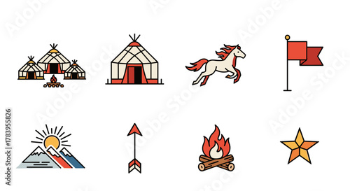 Traditional nomadic icons: yurts, horses, flags, and more in colorful flat design