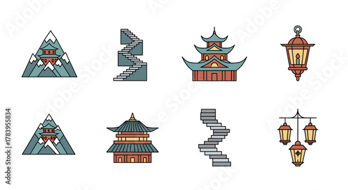 Minimalist icons of mountains, pagodas, and lanterns with stairwell design