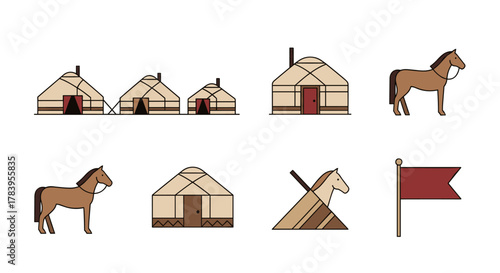Flat style nomadic living elements: yurts, horses, flags