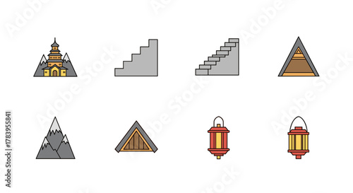 Minimalist icons set: pagoda, stair shapes, pyramid, mountain, lanterns