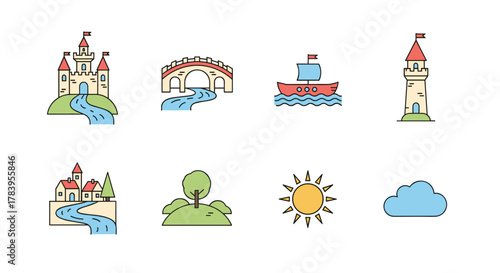 Colorful minimalist icons of castles and nature elements for design projects