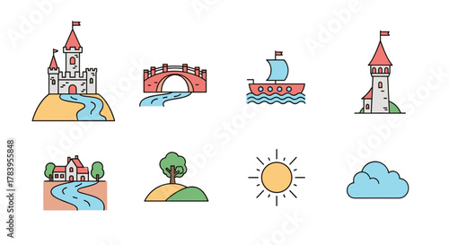 Colorful linear icons of castles, nature, and nautical elements