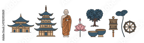 Buddhist symbols and structures: pagoda, monk, lotus, dharma wheel