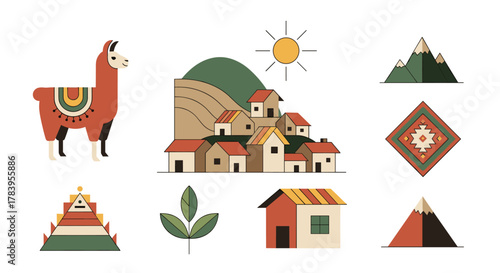 Colorful south american elements with llama and geometric patterns in flat style
