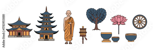 Traditional asian symbols and landmarks in flat design featuring pagoda, monk, and lotus
