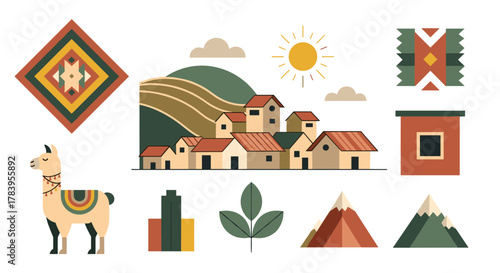 Flat style peruvian village and llama with geometric patterns and mountains