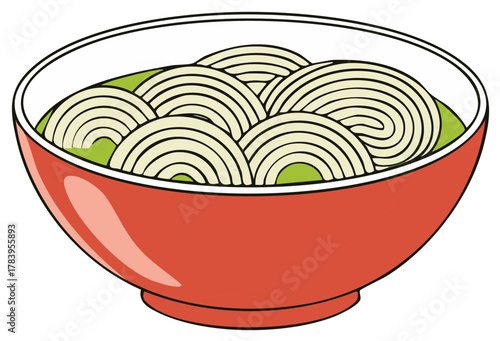Red Bowl of Ramen Noodles with Green Broth Illustration