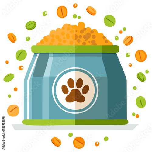 Open bag of dry pet food with a paw print icon and kibble illustration