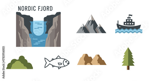 Nordic fjord scenery with waterfall, mountains, and icons in flat design
