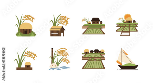 Flat design rice farming icons: traditional agriculture and rural landscapes