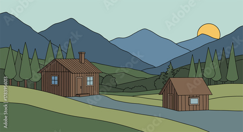 Rustic cabin landscape with mountains and sunrise in a flat style