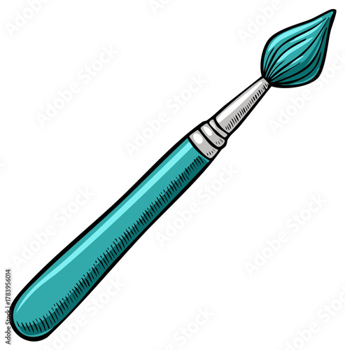 Illustration of single blue paintbrush, bristles full of wet paint, tool for painting