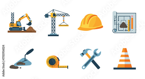 Construction icons: machinery, tools, and safety equipment in flat design