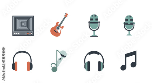 Flat style music icons set featuring instruments and audio equipment
