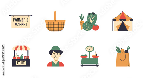 Whimsical farmer's market elements: basket, produce, and vendor icons