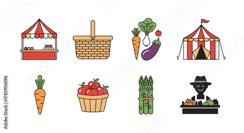 Colorful farmers market with stalls, produce, and fresh vegetables in flat design