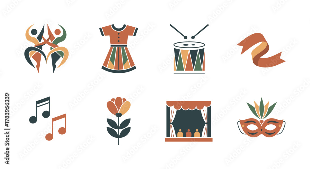 Naklejka premium Colorful festival icons including dance, music, and theater elements in a flat design style