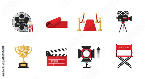 Cinema icons set: red carpet, director's chair, film reel, movie camera