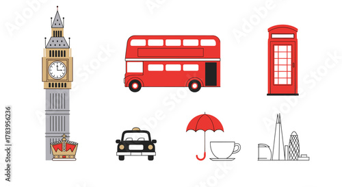 Iconic london symbols: red bus, big ben, telephone box, taxi, umbrella, teacup, skyline
