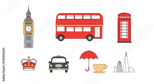London icons set: red bus, big ben, umbrella, telephone box in flat style