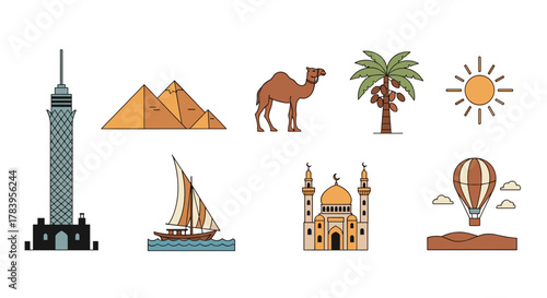 Egyptian icons: pyramids, camel, palm, mosque, and more in colorful outline style
