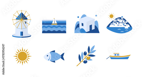 Greek island travel icons with nautical and sunburst elements in minimalist style
