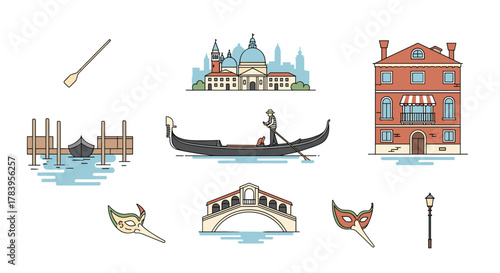 Venice icons set: gondola, venetian masks, sidewalk cafe, and landmarks in line art style