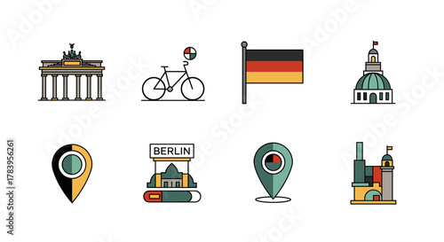 Icon set featuring berlin landmarks and german flag in flat style