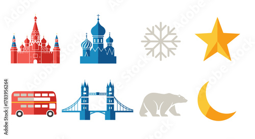 Iconic russian and british symbols in flat design: architecture, nature, and seasonal elements