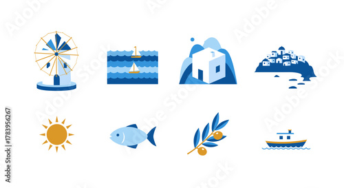 Mediterranean icon set featuring coastal and nautical themes in flat style