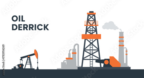 Oil derrick silhouette with pumpjack and refinery in industrial landscape design