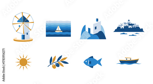 Greek island icons with minimalist seaside elements and cultural landmarks