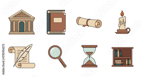 Ancient knowledge icons set featuring books, scrolls, hourglass, candle, and archaeological symbols