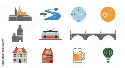 Prague icons set: landmarks, transportation, and culture in flat design