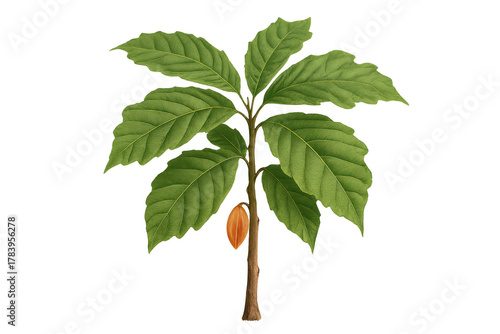 Cacao tree illustration with green leaves and a cocoa pod, showing the plant producing chocolate bean fruit, transparent background