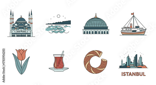 Istanbul icons: historic mosque, tea, tulip, bosphorus, skyline