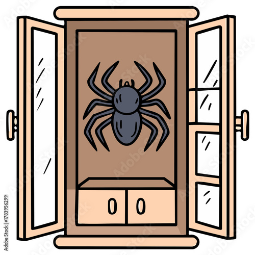 Large black spider hiding in an open wardrobe cartoon illustration for an arachnophobia concept